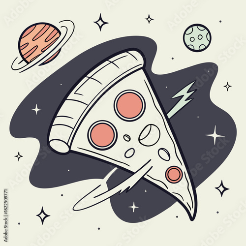 A slice of pizza flying through space with planets and stars in a cosmic food adventure illustration