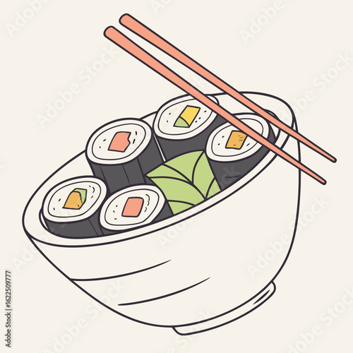 A bowl of sushi rolls with two chopsticks resting on top and some green leaves for decoration inside