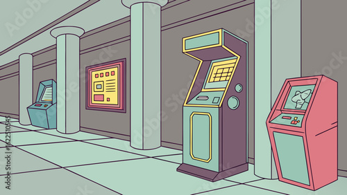 Illustration of a hallway with arcade games and pillars with a framed display on the wall