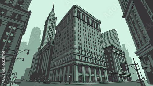 Cityscape view with tall buildings and a street with cars in a comic book style illustration