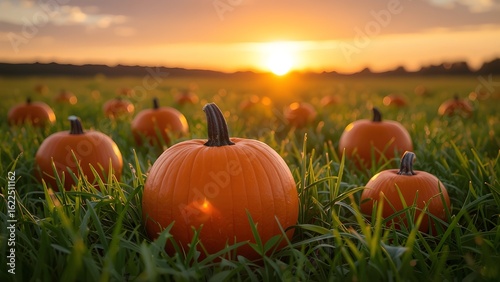 Ripe Pumpkins Growing in Field