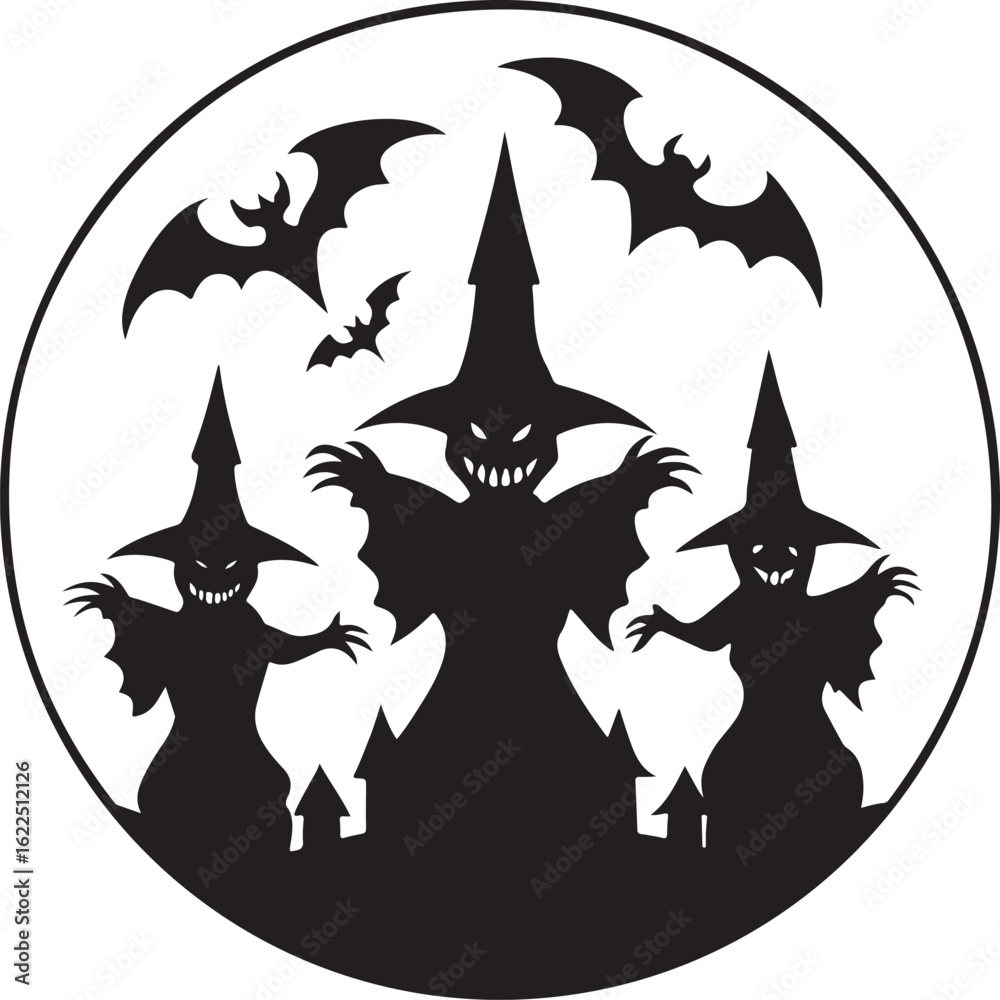 Fototapeta premium Spooky Witches Silhouette Circle Design for Halloween