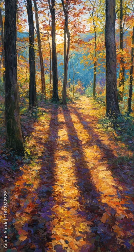 Obraz premium Autumn forest path bathed in sunlight (1)