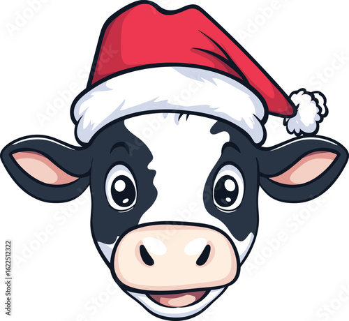 Festive Christmas cow wearing Santa hat, perfect for holiday greetings and designs