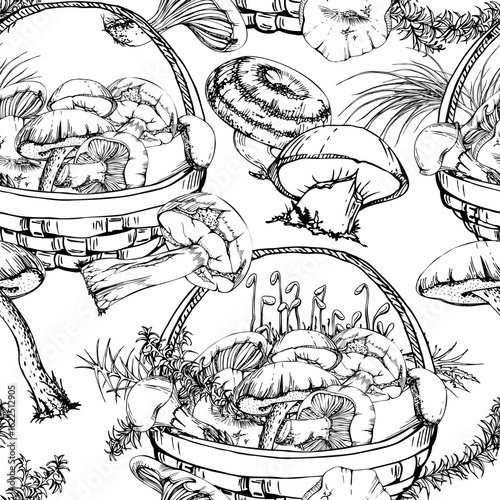Baskets full of picked mushrooms, autumn forest harvest of bolete russula webcap milk-cap fungi with horsetail plant stalks, grass blades. Seamless pattern tile hand drawn in vector ink. Label, menu