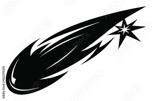 Black Graphic Illustration of a Comet with Trailing Debris and Shining Starburst
