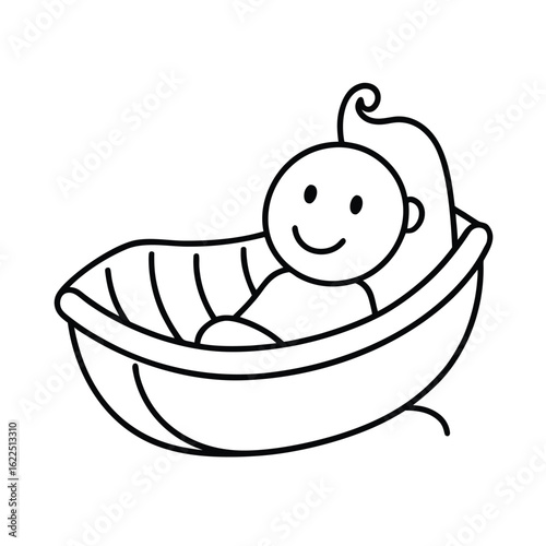 Happy baby in cradle with blanket smiling in simple cartoon outline friendly art