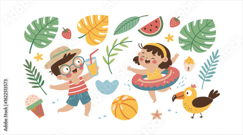Summer packed with cute features. Funny fruits, chilled drinks, tropical leaves, ice cream, and birds. Kids on swimming floats. Vector artwork.
