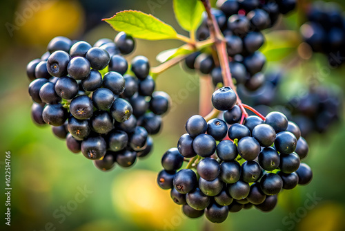 Closeup of ripe black berries clustered on a branch with green leaves, showcasing their healthy, natural beauty in soft, natural light