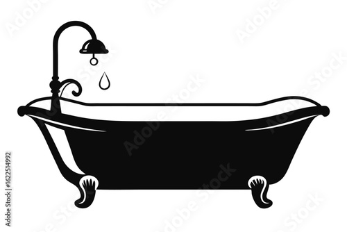 Elegant Clawfoot Bathtub with Shower and Water Drop in Black Silhouette Illustration