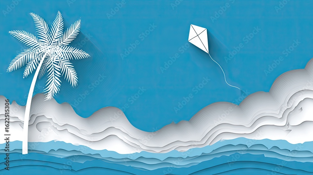 Obraz premium Kite flying over a palm tree on a layered background.