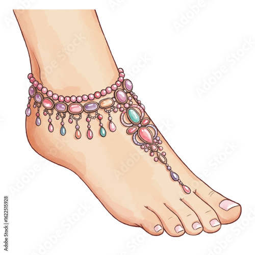 Foot adorned with colorful beaded anklet jewelry in elegant style - Concept of Accessories of women's clothes  