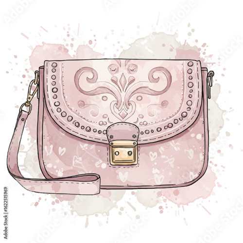 Stylish pink handbag with decorative design on watercolor background  