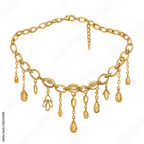 Gold necklace with dangling charms on a white background - Concept of Accessories of women's clothes  