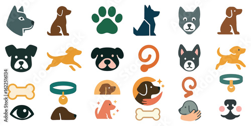 Dog Icons Set with Paws, Bones, and Dog Heads