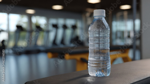 Refreshing alkaline water bottle placed on gym bench, showcasing hydration essentials for fitness enthusiasts