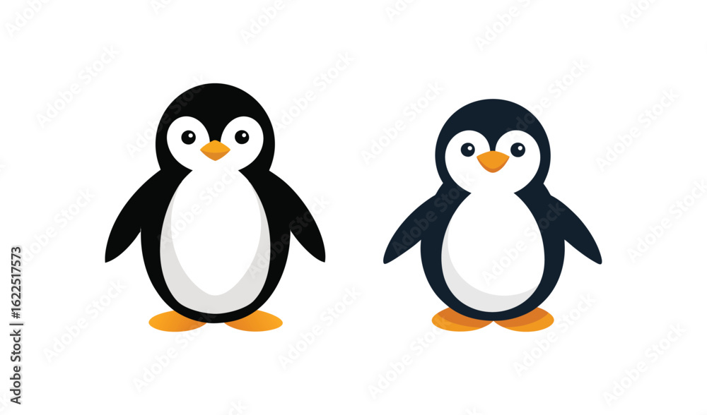 Naklejka premium Two cute cartoon penguins standing side by side on a white background