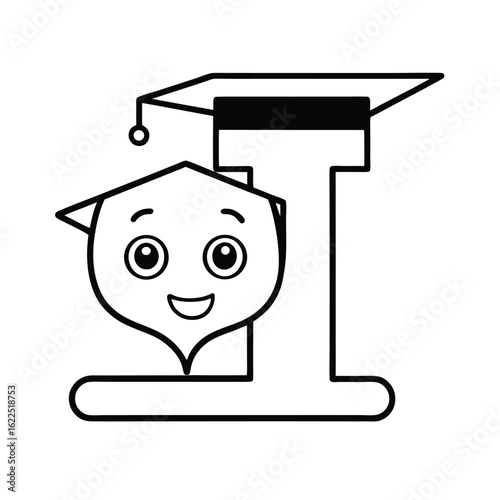 Letter I with graduation cap and cute cartoon face in simple educational alphabet design