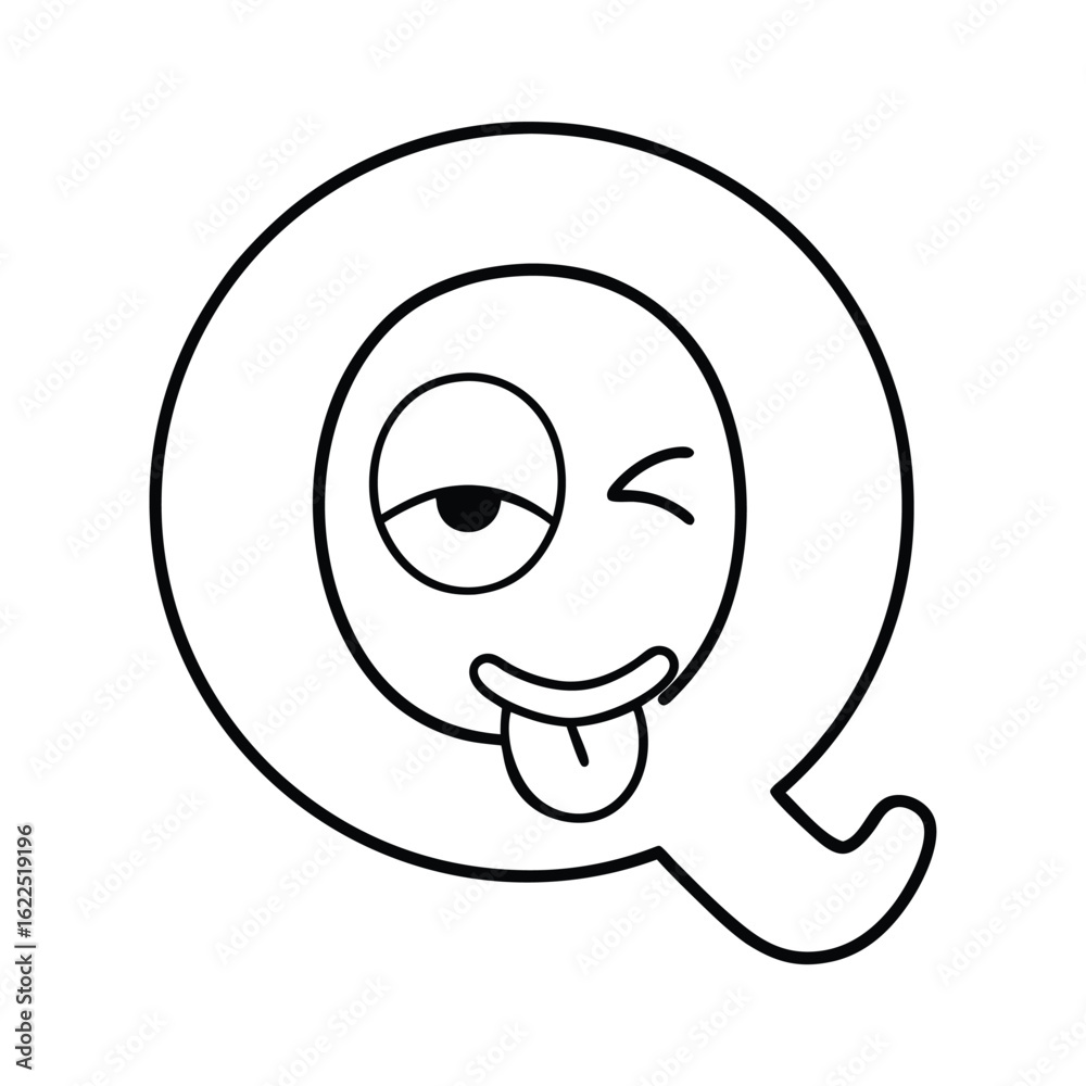 Obraz premium Cartoon letter Q with playful expression and wink in funny alphabet face design style
