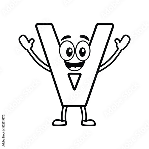 Letter V with arms raised and joyful cartoon expression in bold alphabet style