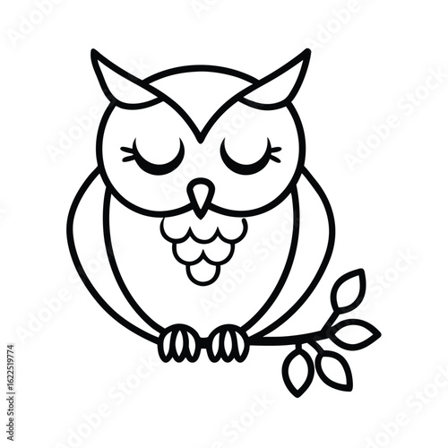 Cartoon owl sitting calmly with eyes shut holding a branch in cute outlined design