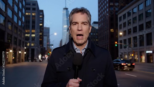 News Reporter Delivering Urban Update at Twilight in Downtown Cityscape with Skyline Background