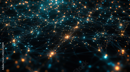 Visual representation of a complex network of connected nodes and glowing particles in a dark background showcasing data flow and connectivity