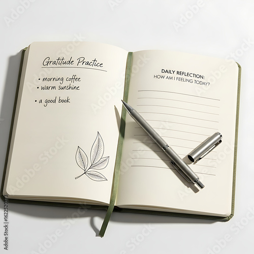 Open gratitude journal with daily reflection prompts and a pen, showcasing a mindful lifestyle.