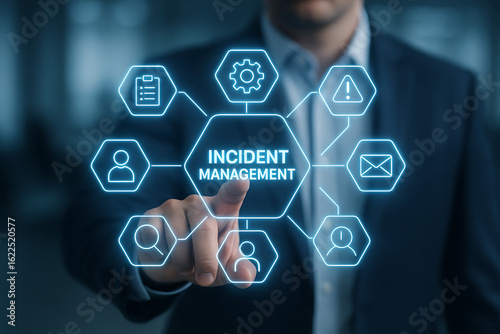 Incident management process business technology concept. Businessman using laptop with incident management icon on virtual screen. diagnosing and resolving unexpected problems that occur.
