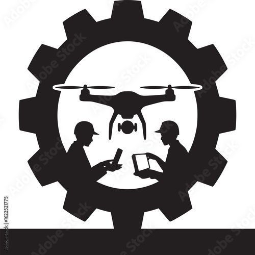 Silhouette of drone and engineers inside gear shape on white background with black horizontal bar below