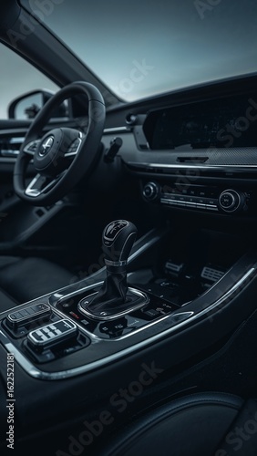 Interior view of a car featuring a gear shift and wheel