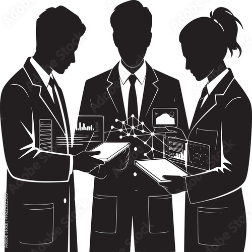 Three scientists in lab coats analyzing data on tablets in a black and white silhouette style image
