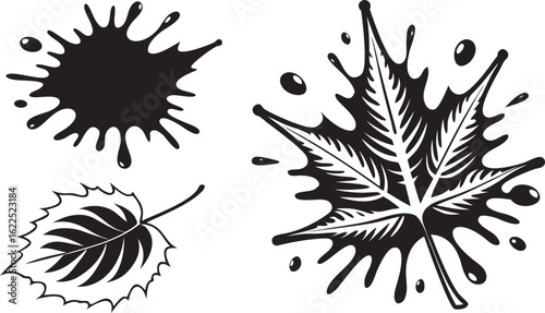 Black ink splatters and stylized leaves vector art ink splash ink blot