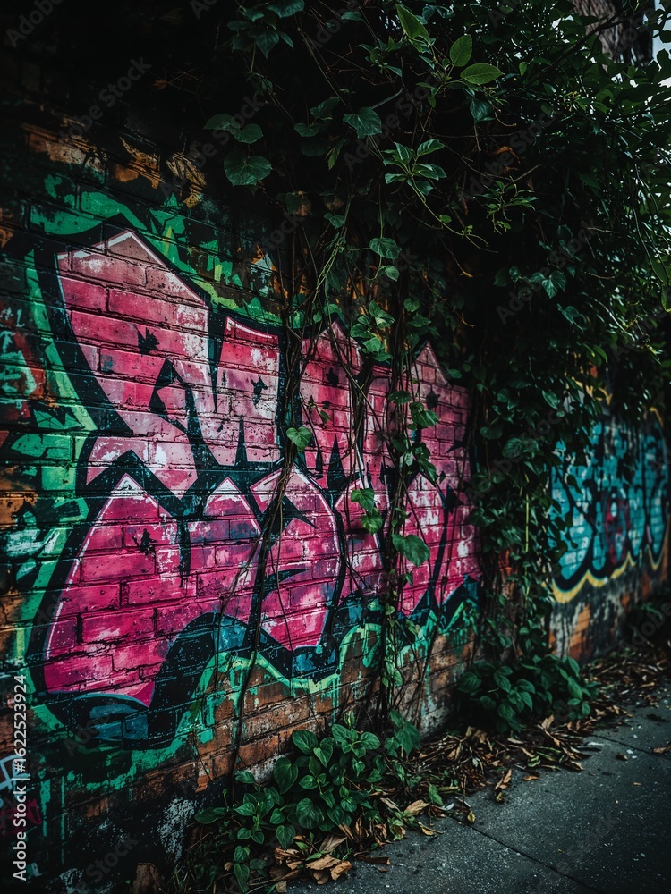 Obraz premium A brick wall covered in colorful graffiti art with vines and leaves growing over it on a street side view