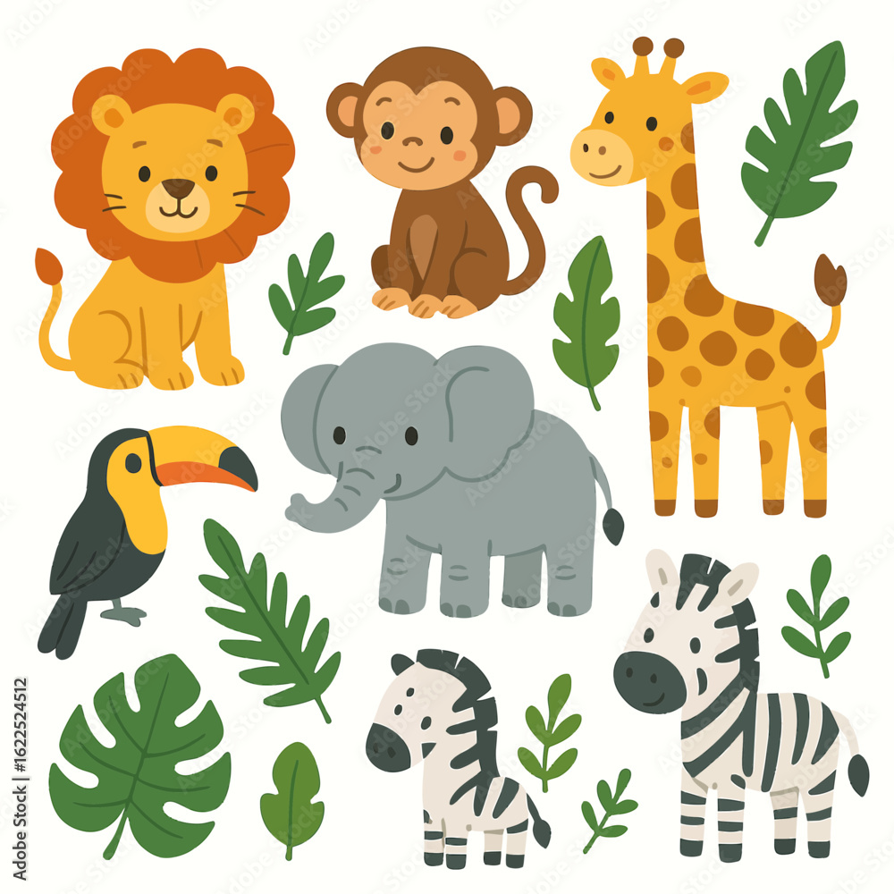 Fototapeta premium Cute Cartoon Safari and Jungle Animals Illustration Set