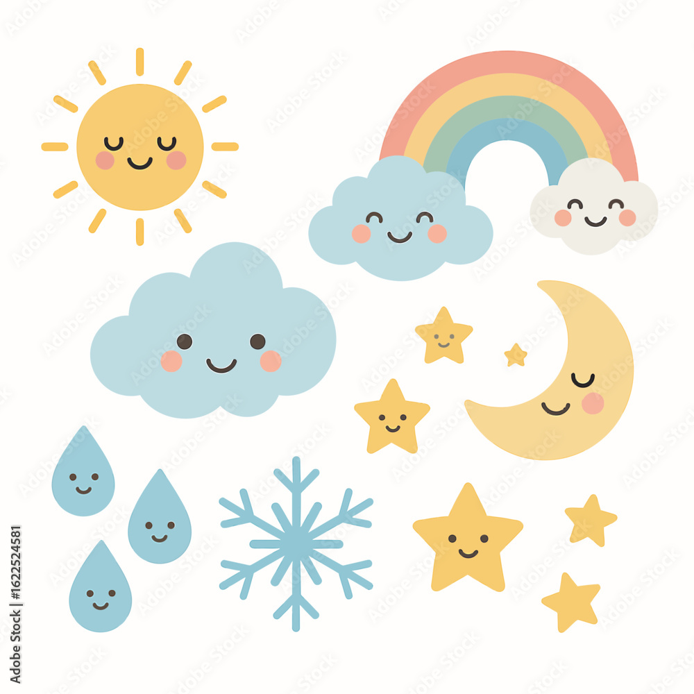 Fototapeta premium Cute Pastel Kawaii Weather and Celestial Elements Set
