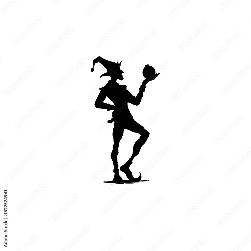 Fototapeta premium Minimalist Jester Silhouette Clip Art – Dancing Elf-like Character with Pointed Hat – Black Ink Drawing