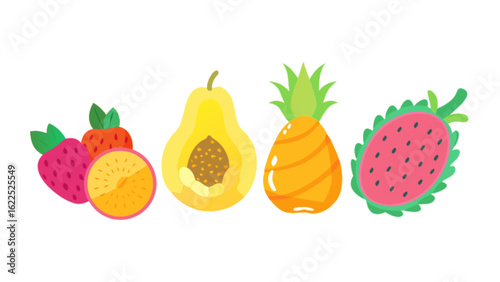 Illustration of strawberries, orange, papaya, pineapple and dragon fruit isolated on white background, showcasing a variety of tropical and healthy fruits