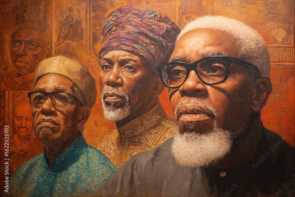 Naklejka premium Cultural portraits of elders gallery exhibition fine art urban setting close-up heritage representation