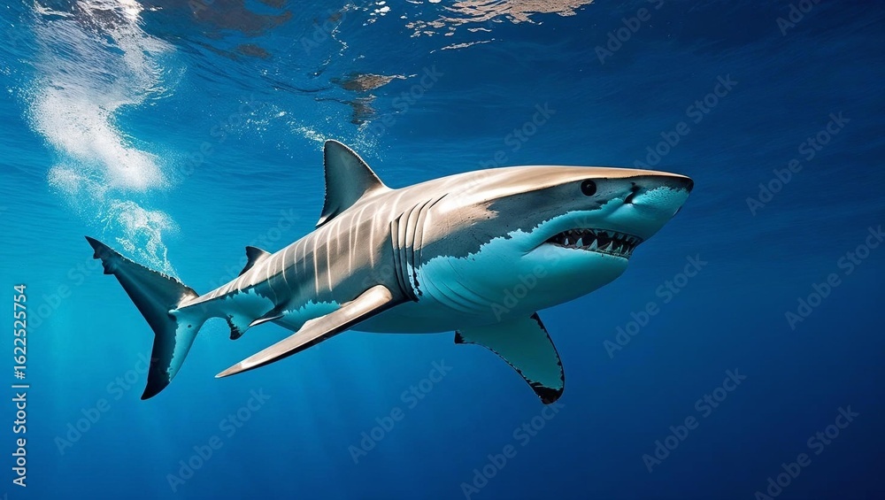 Fototapeta premium A majestic great white shark swims gracefully in deep, clear cobalt blue ocean waters.