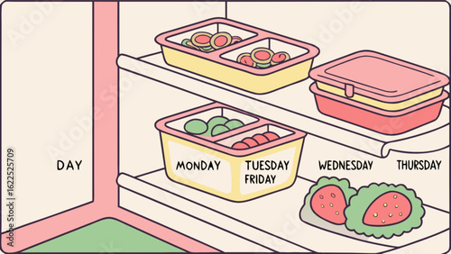 Organized meal prep containers in the refrigerator for the week, featuring healthy food options and a convenient schedule for daily nutrition