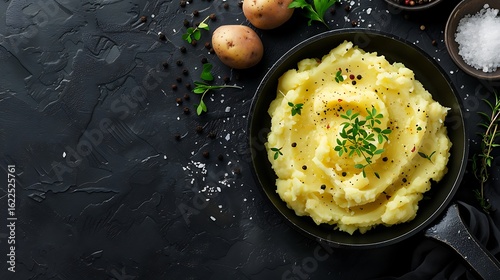 Mashed potatoes in a black bowl on a dark background.