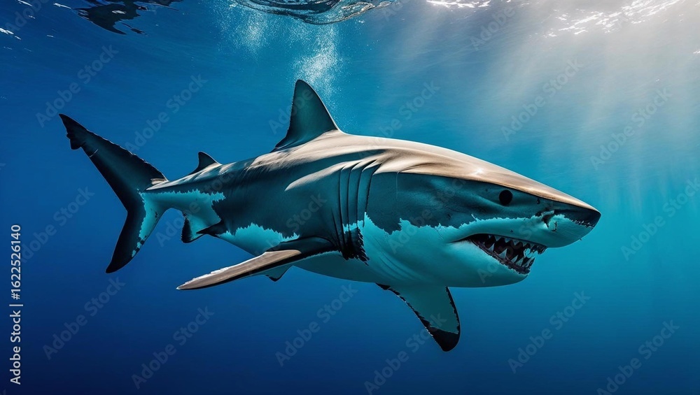 Fototapeta premium A majestic great white shark swims gracefully in deep, clear cobalt blue ocean waters.