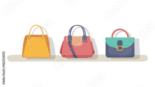 Three stylish womans handbags in a row isolated on white background, showcasing fashion, style, elegance, and modern design in a studio setting