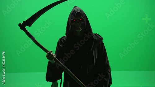 Cloaked Grim Reaper with Glowing Red Eyes Holding a Scythe Against a Vivid Green Screen Backdrop Creating A Spooky and Mysterious Shadowy Atmosphere