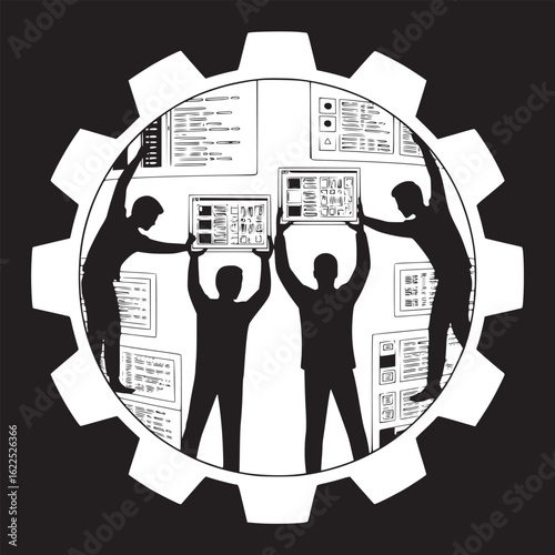 Silhouetted figures supporting screens inside a gear in black and white illustration style art