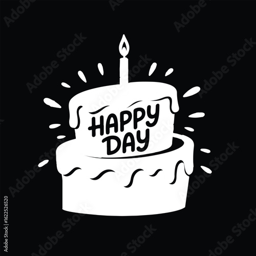 A white stylized two-tiered cake with a lit candle on top, featuring the words "Happy Day" in bold lettering.