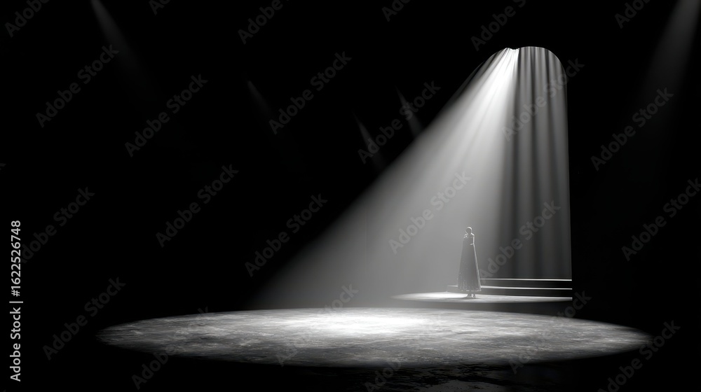Obraz premium Dramatic Spotlight on Stage with Figure and Black Background