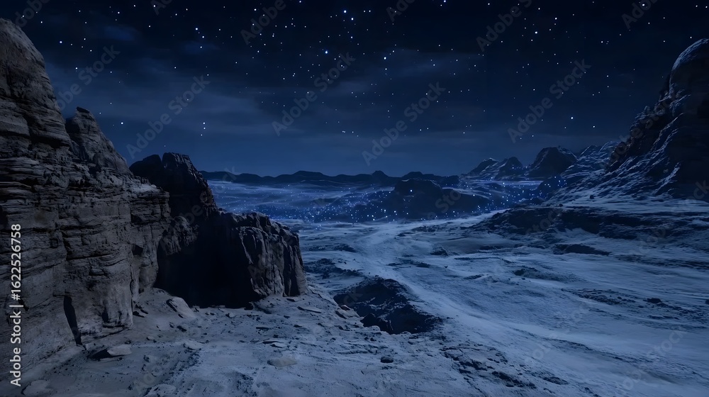 Obraz premium Night Sky over Alien Planet Landscape with Starry Sky and Rocky Mountains