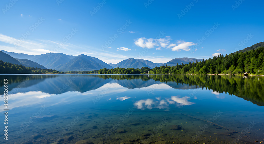 Naklejka premium Clear blue alpine lake with snow-capped mountains and mirror-like reflection, showcasing pristine wilderness and breathtaking mountain landscape